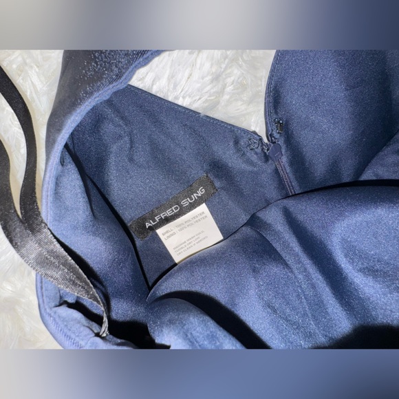 NEW Alfred Sung Strapless Bow Belt Satin Twill Column midnight blue Gown Sz 10 - Picture 5 of 8